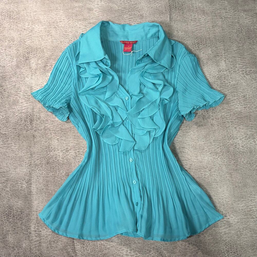 Y2k Blue Pleated Short Sleeve Blouse